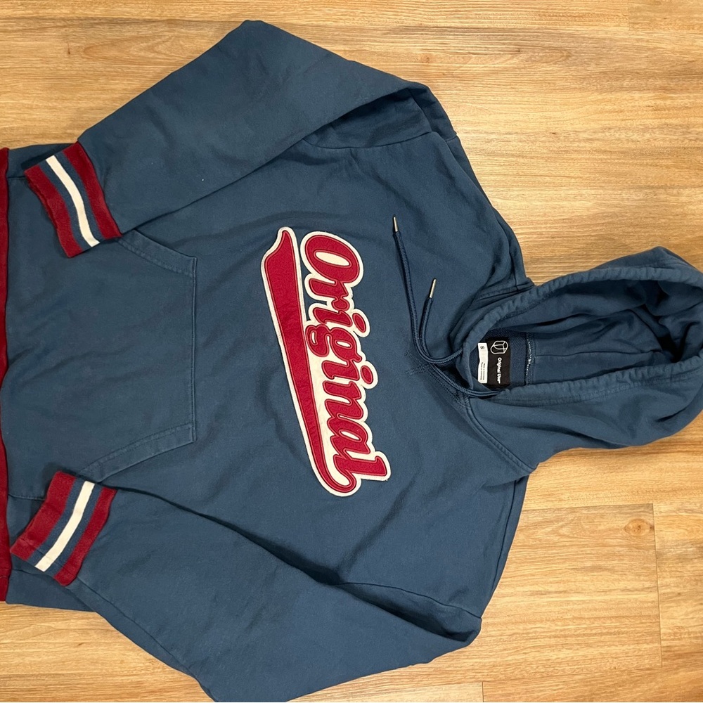 Original Use Blue Hoodie with Red and White Accents